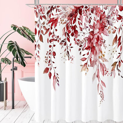 Burgundy Eucalyptus Shower Curtain, Watercolor Floral Print, 72x78 | Watercolor Plant Leaves Floral Print, Waterproof Fabric Bathroom Decor, Machine Washable, Rustproof Grommets