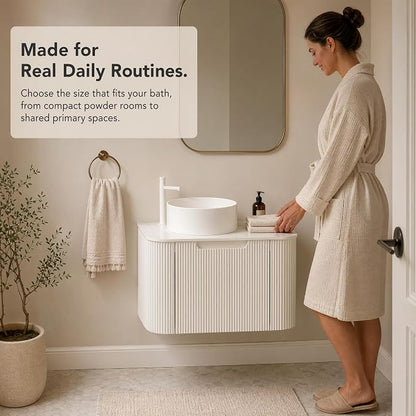 24 Inch Bathroom Vanity with Sink, Floating Wall Mounted Single Sink Vanity for Small Baths, White Curved Fluted Front, Stone Top, Pure White Round Vessel Basin, Pre-Assembled