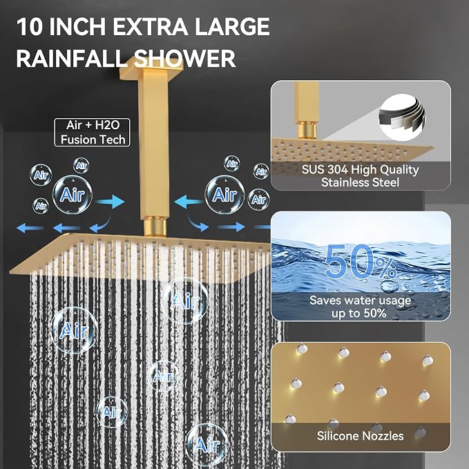 Shower System with Body Jets, Bostingner 4 Way Shower Faucet with 2 in1 Handheld,Ceiling Mount 10 Inch Shower Head and 6 Inch Shower Head,4Pcs Body Jets With Dual Head Shower Set Brushed Gold