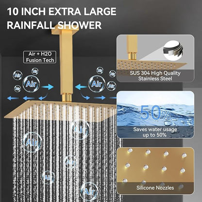 Shower System with Body Jets, Bostingner 4 Way Shower Faucet with 2 in1 Handheld,Ceiling Mount 10 Inch Shower Head and 6 Inch Shower Head,4Pcs Body Jets With Dual Head Shower Set Brushed Gold