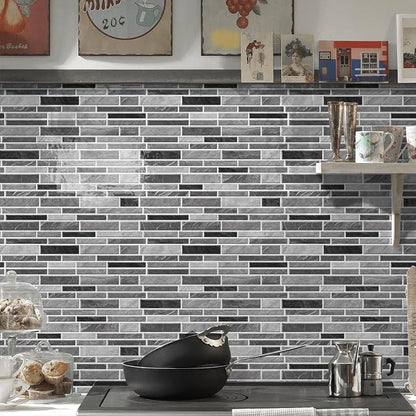 Alwayspon 10 Sheets 12" x12inch Grey Marble Effect Vinyl Tiles, Backsplash, Self-Adhesive Peel and Stick Wall Tile Stickers, Stick on Subway Tiles for Kitchen Bathroom Wall Decor