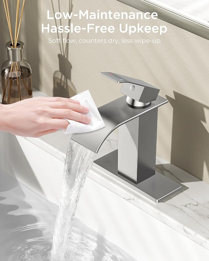 FORIOUS Bathroom Faucet 1 Hole, Waterfall Vanity Sink Faucet Brushed Nickel | Bathroom Sink Faucet 1 or 3 Hole, Square Single Handle with 24" cUPC Supply Line and Pop-up Drain, Fits RV Restroom Basin