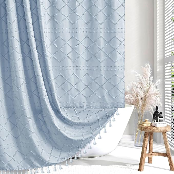 Siiluminisoy Extra Long Fog Blue Boho Shower Curtain - Woven Fabric, 72 x 84 Tufted Chevron Textured Striped Modern Farmhouse Minimalist Cloth Shower Curtain for Bathroom