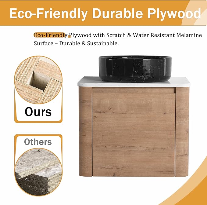 Malwee 24" Floating Bathroom Vanity with Sink, 24 Inch Wall Mounted Bathroom Cabinet Combo, Modern Single Sink Bath Storage Vanity Set, with 1 Soft Close Door and Ceramic Vessel Basin Top(24-RR