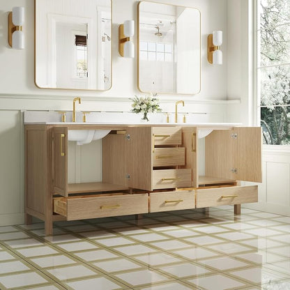 80-Inch Bathroom Vanity with Sink, 4 Soft-Close Doors and 6 Soft-Close Drawers, Bathroom Freestanding Vanity with Cultured Marble Countertop, Oak Vanity W/Gold Handles