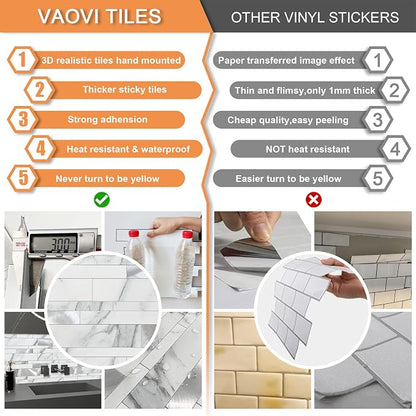 VAOVI Peel and Stick Tile Stone Backsplash for Kitchen Wall(10pcs,White S)