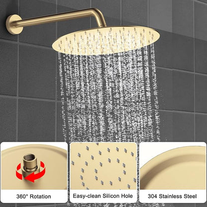 Shower Faucet Set Brass 12IN Rough-In Valve Body Trim Kit Rainfall Included Handle Accessories Complete 2 Functions with Rain Head and Handheld Bathroom Systems (12'', Brushed Gold)