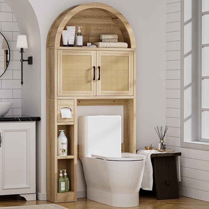 Spurgehom Over Toilet Storage Cabinet, Bathroom Arch Organizer,Rattan | Freestanding Arch Bathroom Cabinet with Anti-Tipping Safety Kit, Space-Saving Toilet Storage Shelf, Toiletries Organization.