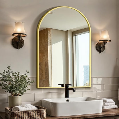 Arched Bathroom Vanity Mirror for Over Sink, 30”x20”, Gold | HD Tempered Glass, Anti-Rust Metal Frame, Hanging or Leaning, Wall Mirrors for Bathroom Sink, Bedroom, Living Room, Entryway