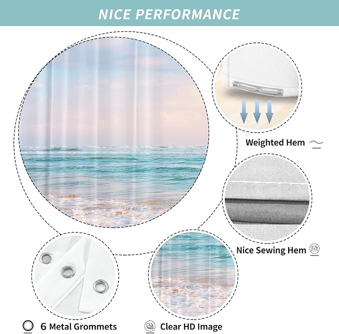 Small Stall RV Half Size Ocean Beach Coastal Seaside Shower Curtain for Bathroom 36W*72H Inch Nautical Summer Beachy Bathtub Decor Waterproof Polyester Fabric Set with 12 Hooks(6 Holes)