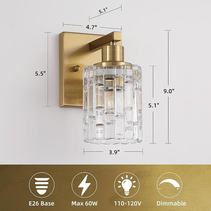 1 Light Brushed Gold Bathroom Vanity Light Over Mirror, Modern Vanity Lighting with Crystal Glass Shade, Wall Mount Bathroom Light Fixtures, E26 Base