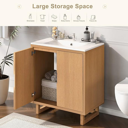 Favfurish 30" Bathroom Vanity with Resin Sink,Undermount Single Basin Bath Vanity Set w/2 Soft Closing Doors,Transitional Freestanding Storage Cabinet,Solid Wood Frame,Burly Wood