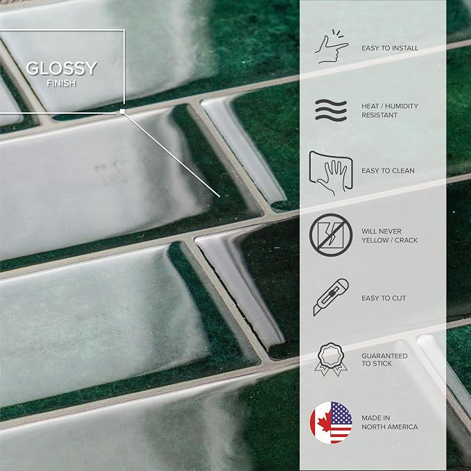 Smart Tiles Peel and Stick backsplash, Subway Emerald Green, 11.55"x8.38" | Pack of 5 (2.8 sq ft), Glossy, Heat/Moisture Resistant, Low VOC, Kitchen/Bathroom, Renter Friendly, Made in Canada