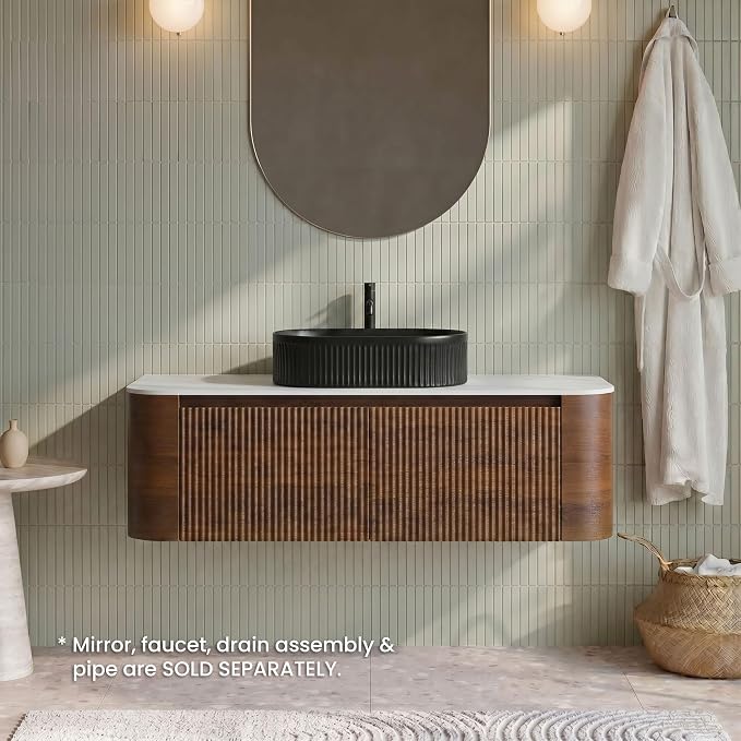 48" Preassembled Floating Bathroom Vanity with Black Sink, Walnut | Mid-Century Modern Style, Fluted & Soft-Close Drawer with U-shaped Wall, Sinterted Stone Countertop, Towel Rack Included