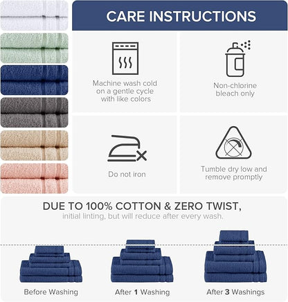 Comfort Spaces Luxury Bath Towel Set - 6 Piece: 2 Large, 2 Hand, 2 Washcloth - 100% Cotton, Quick Dry, Soft, Indigo Navy Blue