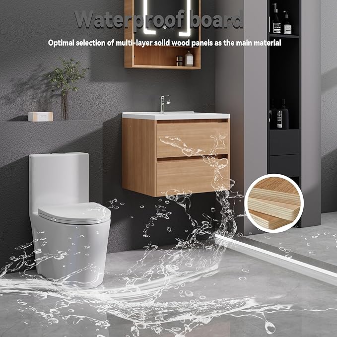 Wood Grain Floating Bathroom Vanity with Sink, 23x18 Inch Wall Mounted Bathroom Cabinet with 2 Drawers, Modern Single Sink Vanity for Small Bathroom, Space-Saving Storage Cabinet