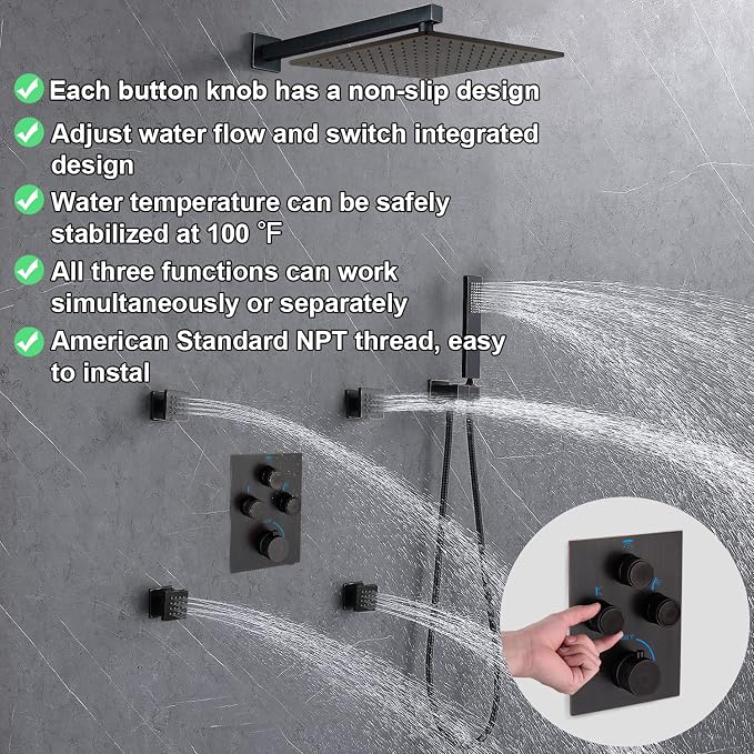 Thermostatic Shower System with Body Jets, Wall Mounted 12 Inch Rain Shower Head with Handheld Spray and 4 Body Jets Set, Push Button Thermostatic Shower Brass Valve, Oil Rubbed Bronze