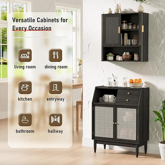Bathroom Wall Cabinet, Wall-Mounted Medicine Cabinet with Adjustable Wood Shelf & Doors, Floating Bathroom Cabinet Over Toilet for Laundry Room & Kitchen & Living Room (Black)