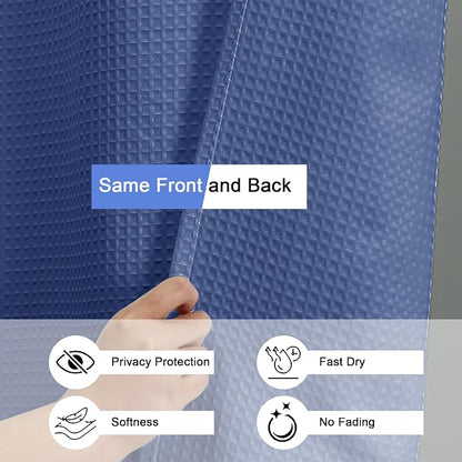 Long Fabric Shower Curtain Set, Waffle Textured Shower Curtain for Bathroom - Weight 230GSM Heavy Duty Hotel Spa Luxury Bath Curtain Set with 12 Plastic Hooks, 72x78, Blue