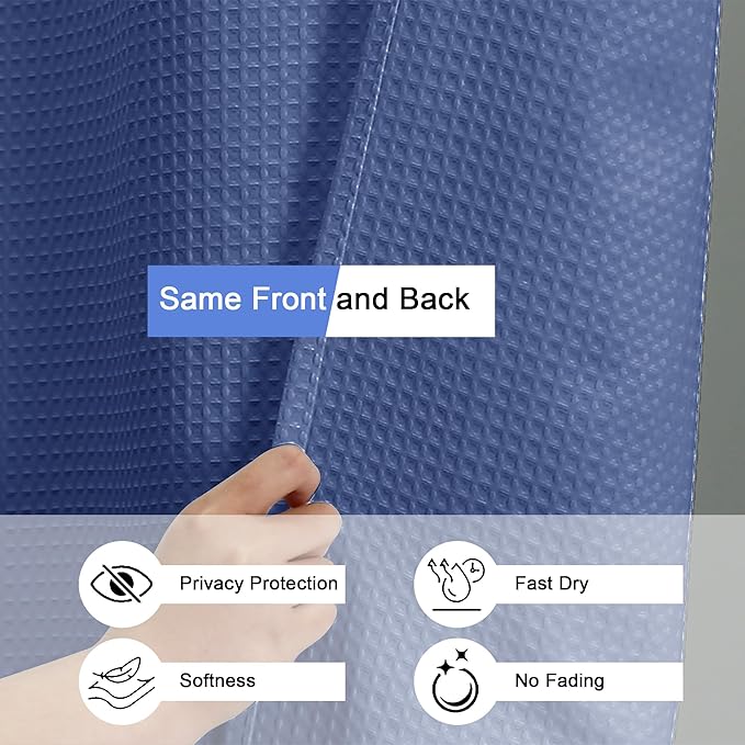 OVZME Blue Shower Curtain Set, Waffle Textured Heavy Duty Fabric Shower Curtain for Bathroom, Luxury Hotel Weighted 230GSM Bath Curtain with 12 Plastic Hooks, Machine Washable, 72x72