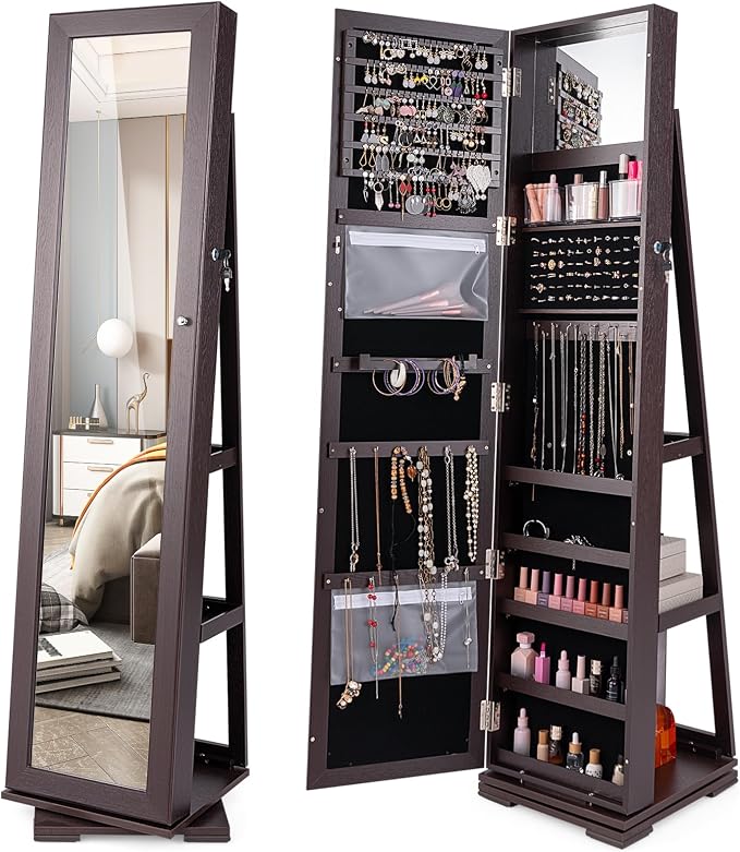 LOKO 360° Rotating Jewelry Armoire, Freestanding Jewelry Cabinet with Inside Makeup Mirror, 2-in-1 Lockable Jewelry Organizer w/Full-Length Mirror for Women (Espresso)