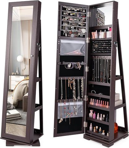 LOKO 360° Rotating Jewelry Armoire, Freestanding Jewelry Cabinet with Inside Makeup Mirror, 2-in-1 Lockable Jewelry Organizer w/Full-Length Mirror for Women (Espresso)