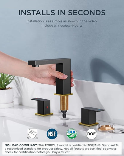 FORIOUS Widespread Black and Gold Bathroom Faucet Square, 8 in Black Faucet | CUPC 8 Inch Gold and Black Bathroom Faucet 3 Hole, Two Handle Matte Black Faucet for Bathroom Sink 3 Hole with Drain, Aerator