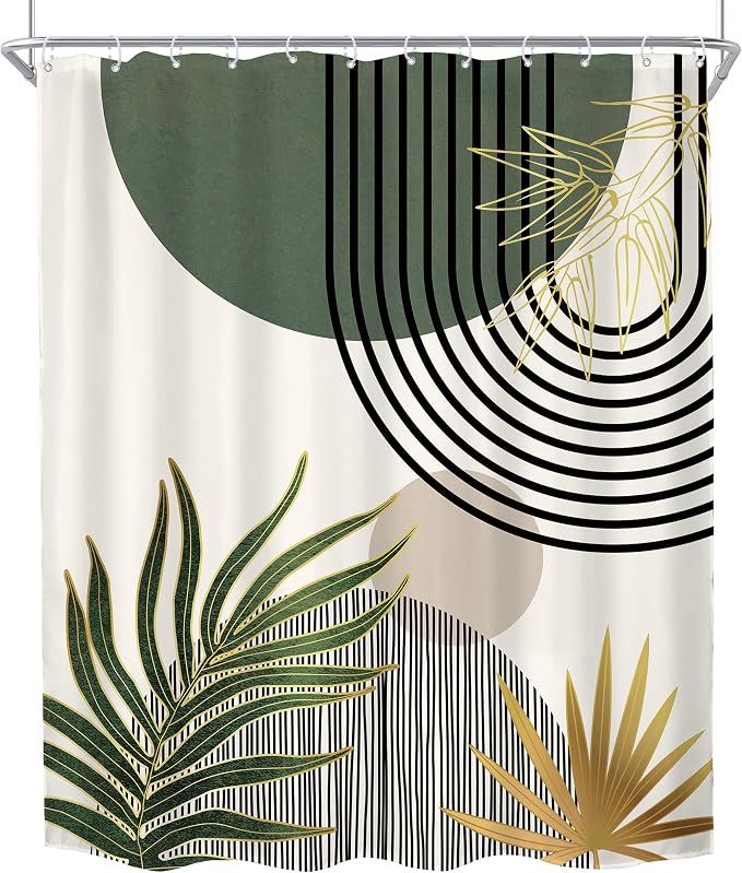 KOMLLEX Mid Century Green Boho Abstract Modern Bathroom Shower Curtain Set | 72Wx84L Gold Plant design, waterproof HD print with fast-drying fabric and 12 hooks.