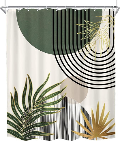 KOMLLEX Mid Century Green Boho Abstract Modern Bathroom Shower Curtain Set | 72Wx84L Gold Plant design, waterproof HD print with fast-drying fabric and 12 hooks.