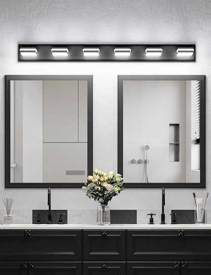 VOLISUN Modern Bathroom Vanity Light Fixtures (6-Light, 48-Inch), Matte Black LED Bathroom Lighting Fixtures Over Mirror, 360°Rotatable Head, LED Vanity Lights for Bathroom (Cool White 6000K)