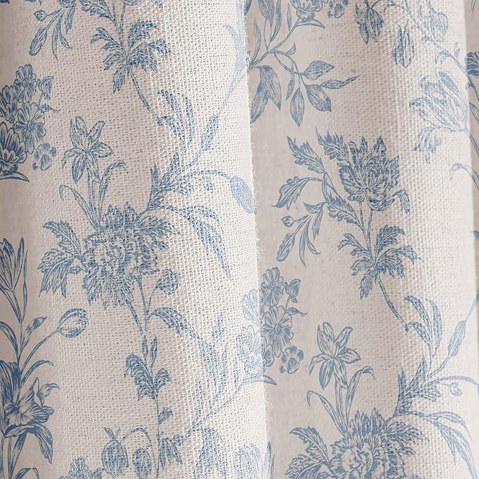 WOUVMA Extra Long Blue Shower Curtain Floral Cotton Linen Cottagecore Shower Curtain for Bathroom 84" L x 72" W