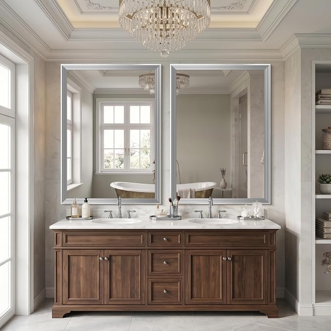 DESBING 30"x42" Silver Bathroom Mirrors for Over Sink | Tempered Glass, Metal Frame, Rectangle Vanity Wall Mirror for Bathroom, Living Room, Bedroom, Horizontally or Vertically