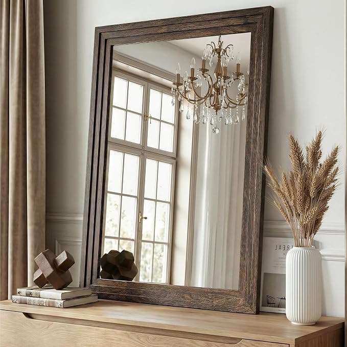 Farmhouse Rustic Wood Framed Bathroom Vanity Mirror for Wall, 26x38, Brown | Recessed Stepped Solid Wood Frame, HD Shatterproof Glass, Vertical/Horizontal Mount, for Bathroom Sink, Living Room, Entryway