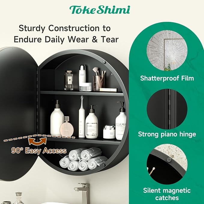 TokeShimi 20 x 20 Brushed Nickel Round Medicine Cabinet with Mirror, Circle Medicine Cabinet for Bathroom with Stainless Steel Metal Frame, Detachable Shelves, Shatterproof, Wall Mounted Only