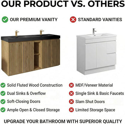 60" Double Bathroom Vanity with Sink Combo, Mid Century Modern Bathroom Cabinet with Doors & Shelves, Matte Black Integrated Sink with Overflow, Light Oak