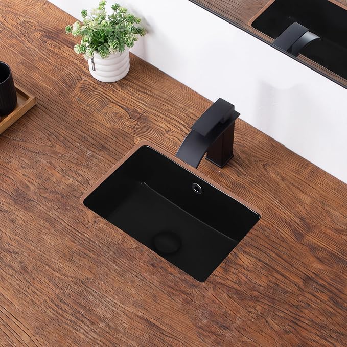 Undermount Bathroom Sink 16 Inch Black Rectangular with Overflow | Small Porcelain Ceramic Matte Black Vanity Basin (15.7"x11.8")