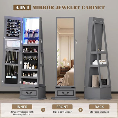Vlsrka Mirror Jewelry Cabinet Standing with Lights, Lockable, Swivel, Grey | Standing Jewelry Armoire with Full Length Mirror, Large Jewelry Organizer Storage with Foldable Makeup Shelf, 3 LED Lights