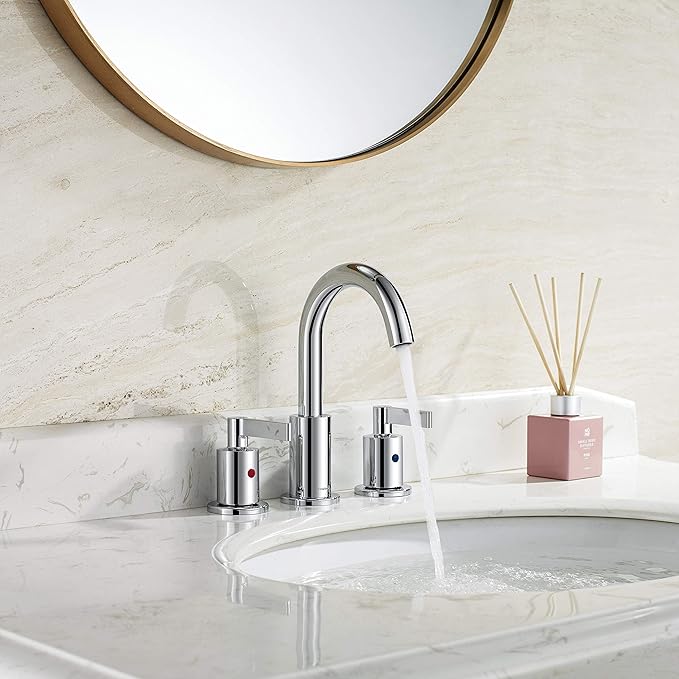 Chrome 2 Handle Widespread Bathroom Sink Faucet 3 Holes with Pop-Up Drain, High Arc Modern 8 Inch Bathroom Vanity Lavatory Faucet with Brass 360° Swivel Spout, TAF830C-CP