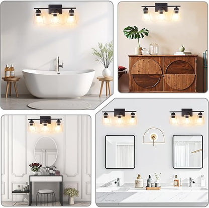 hykolity 3-Light Vanity Light Fixture, 5-Piece All-in-One Bathroom Set with Towel Bar, Ring, Robe Hook & Toilet Paper Holder for Bathroom Mirror Lighting, Oil Rubbed Bronze Wall Light with Glass Shade