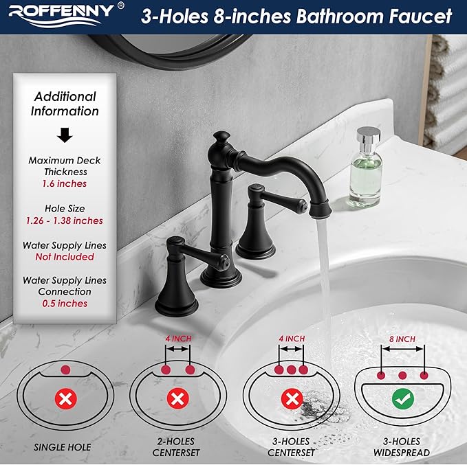 2-Handle Matte Black Bathroom Faucet 8 inch Widespread for 3 Holes with Plastic Pop-Up Drain, Classic Black Bathroom/Lavatory/Vanity Sink Faucets, High Arc 360° Swivel Brass Spout