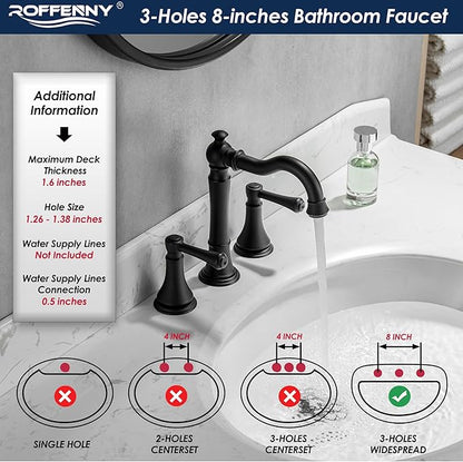 2-Handle Matte Black Bathroom Faucet 8 inch Widespread for 3 Holes with Plastic Pop-Up Drain, Classic Black Bathroom/Lavatory/Vanity Sink Faucets, High Arc 360° Swivel Brass Spout