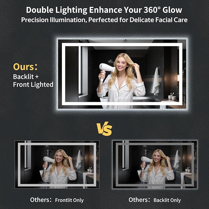 60"x30" LED Bathroom Mirror with Lights, Backlit+Frontlit, Anti-Fog | CRI 95, Stepless Dimmable, 3 Colors Lighting, Shatterproof Tempered Glass, HD Reflection, Memory, (Horizontal/Vertical)