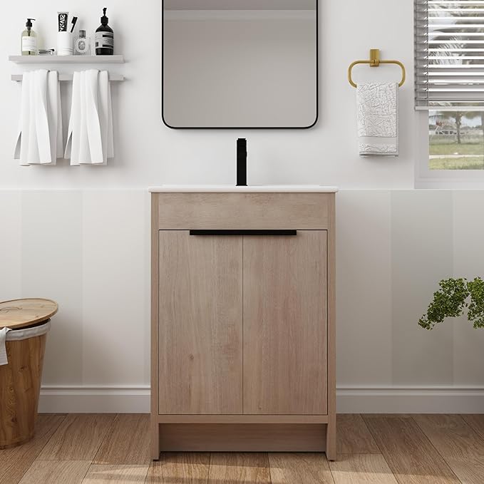 SSLine 24-Inch Bathroom Vanity with Sink Mid-Century Bathroom Vanities with Top Basin Floor Wood Bathroom Sink Cabinet with Soft-Close Doors & Adjustable Storage Shelves (Light Oak)