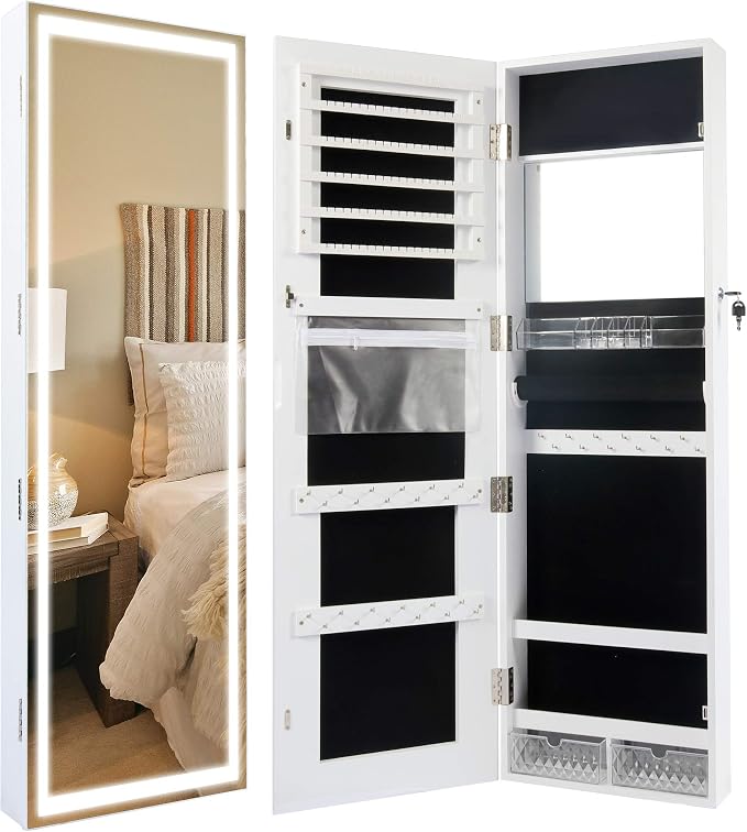 Becko US LED Mirror Jewelry Cabinet with 3 Colored Light, Wall/Door Mounted Wooden Jewelry Armoire, 47-Inch Full Length Lighted Mirror with Storage, Lockable Jewelry Organizer for Bedroom (White)