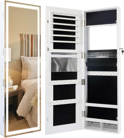 Becko US LED Mirror Jewelry Cabinet with 3 Colored Light, Wall/Door Mounted Wooden Jewelry Armoire, 47-Inch Full Length Lighted Mirror with Storage, Lockable Jewelry Organizer for Bedroom (White)