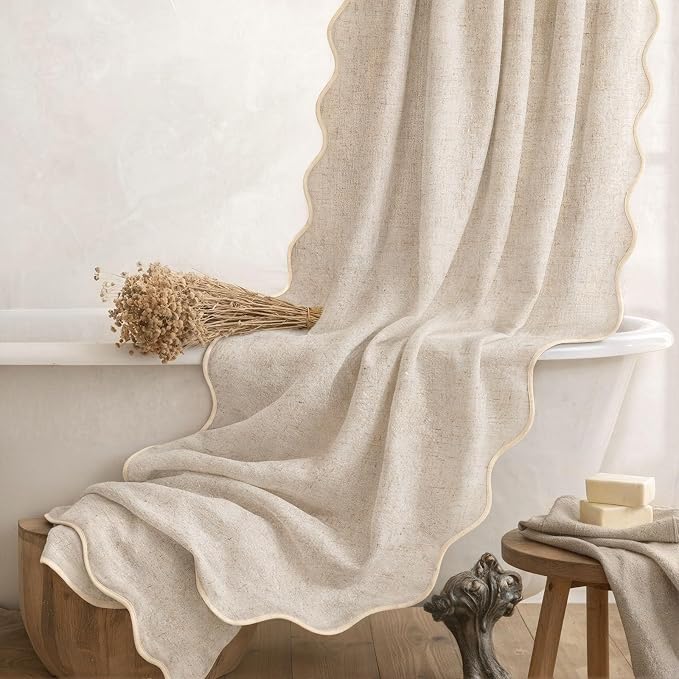 Scalloped Shower Curtain Linen Boho Flax Cream 72" W x 72" L | Linen Fabric, Black Border, Washable, Heavy Duty Cloth, Shower Curtain for Boho Farmhouse Bathroom Bathtub