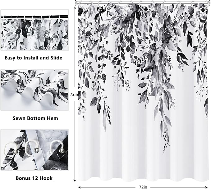 Shower Curtain Black and White Shower Curtains for Bathroom,Watercolor Leaf Shower Curtain Sets Waterproof Plant Eucalyptus Shower Curtain Leaves Bathroom Curtains 72x72 in with Hooks