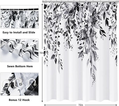 Shower Curtain Black and White Shower Curtains for Bathroom,Watercolor Leaf Shower Curtain Sets Waterproof Plant Eucalyptus Shower Curtain Leaves Bathroom Curtains 72x72 in with Hooks