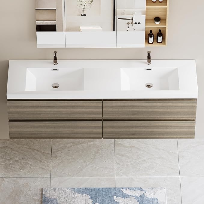 72 Inch Floating Bathroom Vanity with Double Sink, Modern Wall-Mounted Bathroom Vanity Storage Cabinet Organizer with Double Resin Top Basins and 4 Soft Close Drawers (Ash Grey)