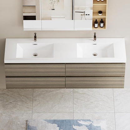 72 Inch Floating Bathroom Vanity with Double Sink, Modern Wall-Mounted Bathroom Vanity Storage Cabinet Organizer with Double Resin Top Basins and 4 Soft Close Drawers (Ash Grey)